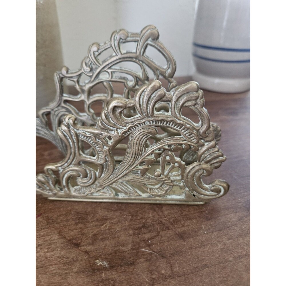 Vintage  Brass Ornate Napkin Letter Holder Teleflora Desk Table Decor Metal